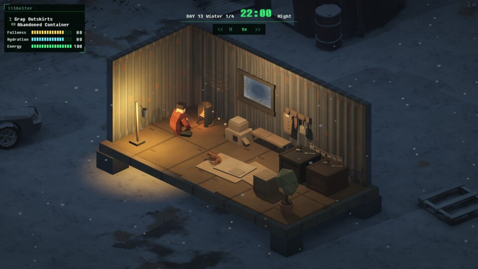 Nine Winters 컨테이너 거처, 눈 오는 밤 · HUD 게이지 표시